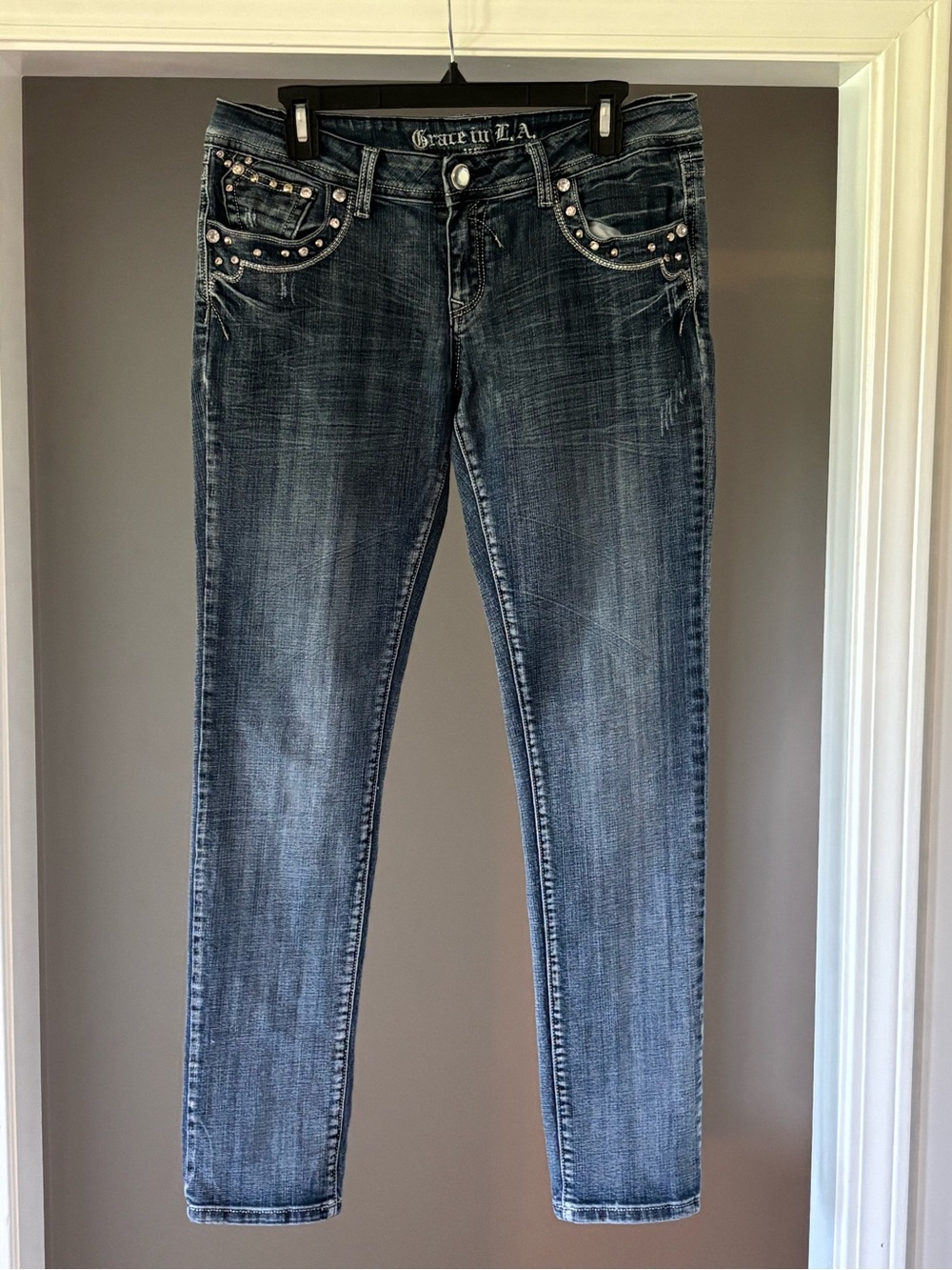 Grace in LA Women's Studded Dark Blue Skinny Jeans Y2K 34x31